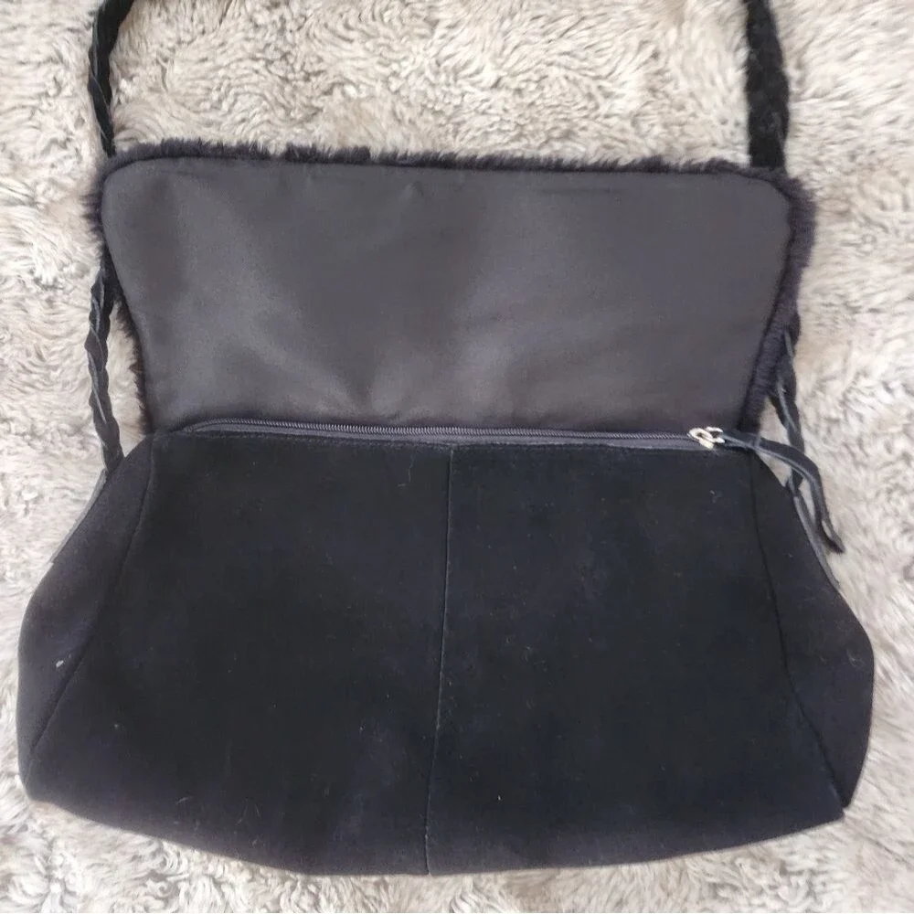 dennis basso Faux Fur Shearling Trim Suede Braided Strap Shoulder Bag Black‎